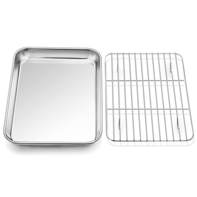 P&P CHEF 10.4 Inch Baking Sheet Pan with Rack Set, Stainless Steel Cookie Sheet Pan Tray with Cooling Rack for Oven Use, Cooking Roasting, Non Toxic & Dishwasher Safe, Heavy Duty - Image 1